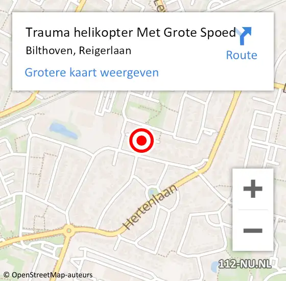 Locatie op kaart van de 112 melding: Trauma helikopter Met Grote Spoed Naar Bilthoven, Reigerlaan op 12 augustus 2023 09:45