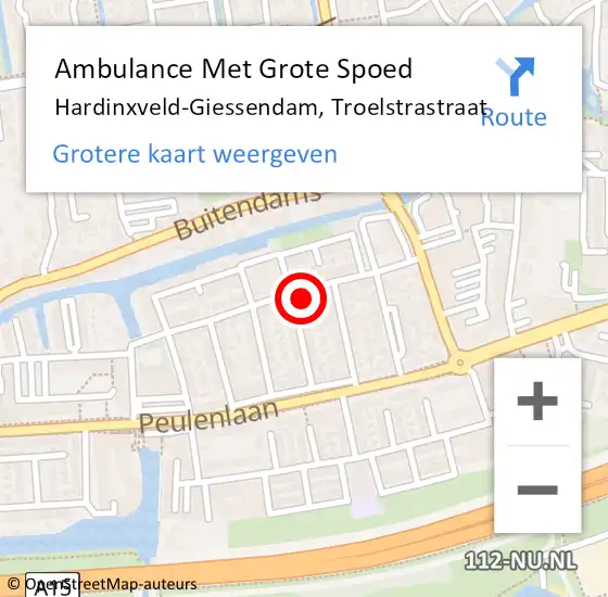 Locatie op kaart van de 112 melding: Ambulance Met Grote Spoed Naar Hardinxveld-Giessendam, Troelstrastraat op 12 augustus 2023 12:13