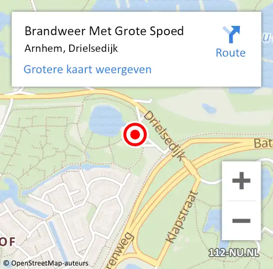 Locatie op kaart van de 112 melding: Brandweer Met Grote Spoed Naar Arnhem, Drielsedijk op 12 augustus 2023 13:03