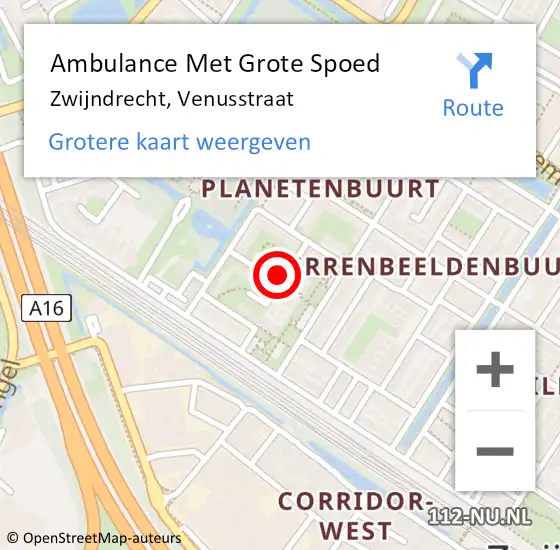 Locatie op kaart van de 112 melding: Ambulance Met Grote Spoed Naar Zwijndrecht, Venusstraat op 12 augustus 2023 14:45