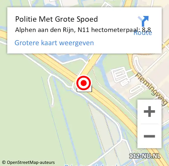 Locatie op kaart van de 112 melding: Politie Met Grote Spoed Naar Alphen aan den Rijn, N11 hectometerpaal: 8,8 op 12 augustus 2023 14:53