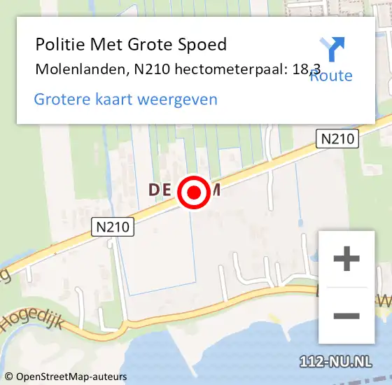 Locatie op kaart van de 112 melding: Politie Met Grote Spoed Naar Molenlanden, N210 hectometerpaal: 18,3 op 12 augustus 2023 16:06
