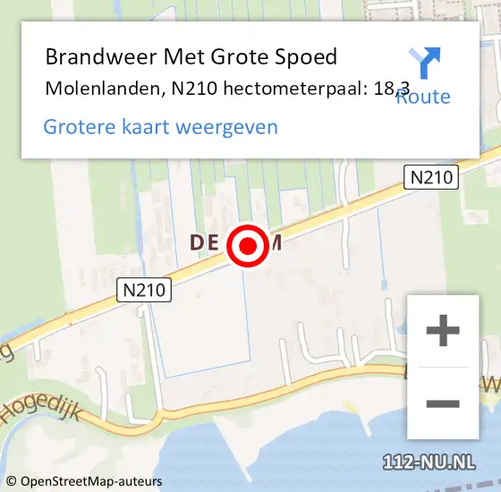 Locatie op kaart van de 112 melding: Brandweer Met Grote Spoed Naar Molenlanden, N210 hectometerpaal: 18,3 op 12 augustus 2023 16:07