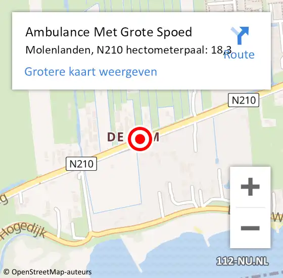 Locatie op kaart van de 112 melding: Ambulance Met Grote Spoed Naar Molenlanden, N210 hectometerpaal: 18,3 op 12 augustus 2023 16:07