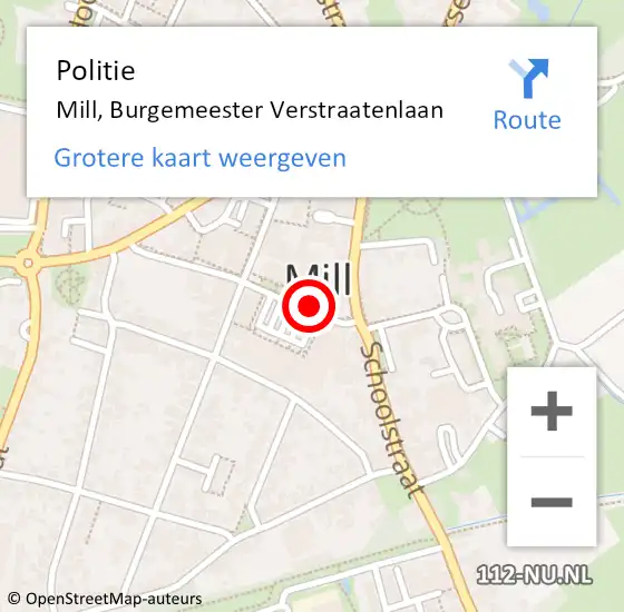 Locatie op kaart van de 112 melding: Politie Mill, Burgemeester Verstraatenlaan op 12 augustus 2023 16:38