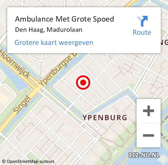 Locatie op kaart van de 112 melding: Ambulance Met Grote Spoed Naar Den Haag, Madurolaan op 12 augustus 2023 17:27
