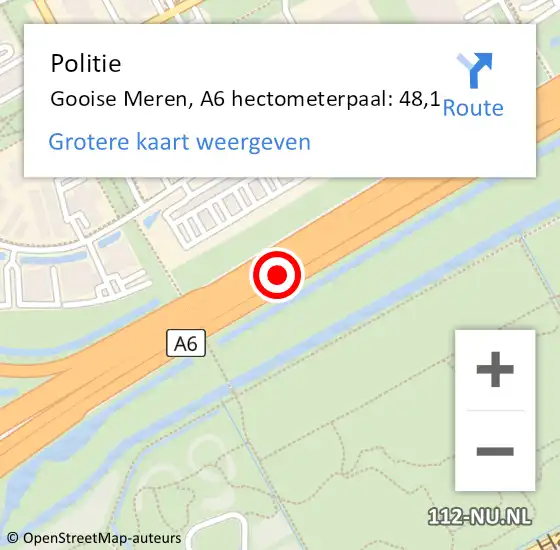 Locatie op kaart van de 112 melding: Politie Gooise Meren, A6 hectometerpaal: 48,1 op 12 augustus 2023 19:28