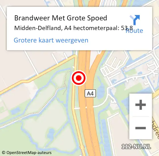 Locatie op kaart van de 112 melding: Brandweer Met Grote Spoed Naar Midden-Delfland, A4 hectometerpaal: 53,8 op 12 augustus 2023 19:58