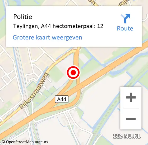Locatie op kaart van de 112 melding: Politie Teylingen, A44 hectometerpaal: 12 op 12 augustus 2023 21:07