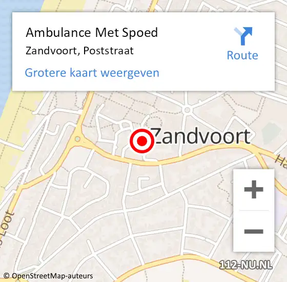 Locatie op kaart van de 112 melding: Ambulance Met Spoed Naar Zandvoort, Poststraat op 13 augustus 2023 04:41