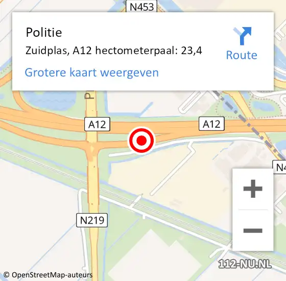 Locatie op kaart van de 112 melding: Politie Zuidplas, A12 hectometerpaal: 23,4 op 13 augustus 2023 08:41