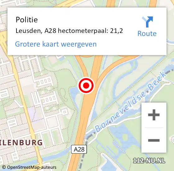 Locatie op kaart van de 112 melding: Politie Leusden, A28 hectometerpaal: 21,2 op 13 augustus 2023 10:25