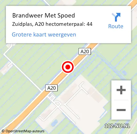 Locatie op kaart van de 112 melding: Brandweer Met Spoed Naar Zuidplas, A20 hectometerpaal: 44 op 13 augustus 2023 10:29