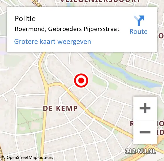 Locatie op kaart van de 112 melding: Politie Roermond, Gebroeders Pijpersstraat op 13 augustus 2023 13:49