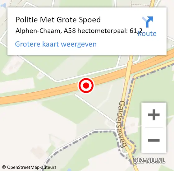 Locatie op kaart van de 112 melding: Politie Met Grote Spoed Naar Alphen-Chaam, A58 hectometerpaal: 61,2 op 13 augustus 2023 16:55