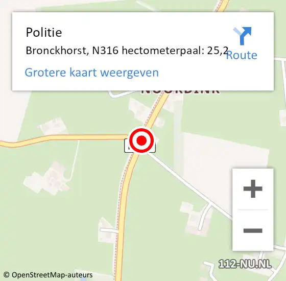 Locatie op kaart van de 112 melding: Politie Bronckhorst, N316 hectometerpaal: 25,2 op 13 augustus 2023 18:42