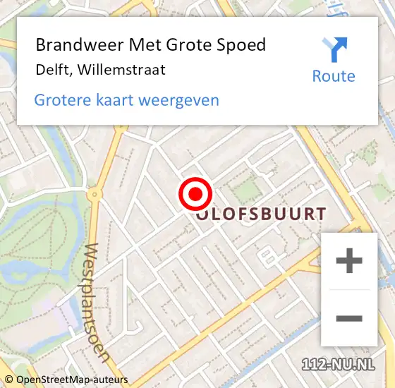 Locatie op kaart van de 112 melding: Brandweer Met Grote Spoed Naar Delft, Willemstraat op 13 augustus 2023 18:48