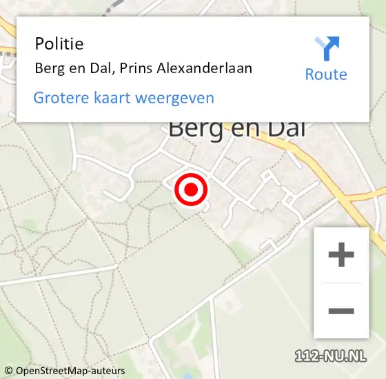 Locatie op kaart van de 112 melding: Politie Berg en Dal, Prins Alexanderlaan op 13 augustus 2023 18:48