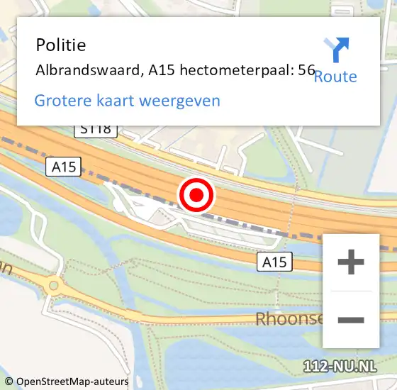 Locatie op kaart van de 112 melding: Politie Albrandswaard, A15 hectometerpaal: 56 op 13 augustus 2023 19:23