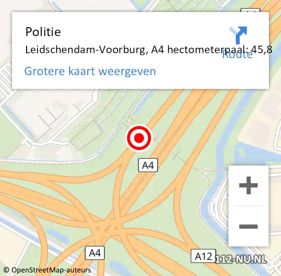 Locatie op kaart van de 112 melding: Politie Leidschendam-Voorburg, A4 hectometerpaal: 45,8 op 13 augustus 2023 20:00