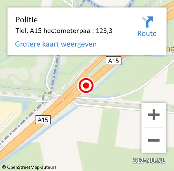 Locatie op kaart van de 112 melding: Politie Tiel, A15 hectometerpaal: 123,3 op 13 augustus 2023 21:06