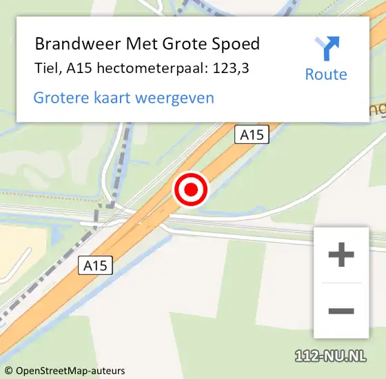 Locatie op kaart van de 112 melding: Brandweer Met Grote Spoed Naar Tiel, A15 hectometerpaal: 123,3 op 13 augustus 2023 21:06