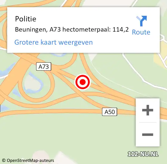 Locatie op kaart van de 112 melding: Politie Beuningen, A73 hectometerpaal: 114,2 op 13 augustus 2023 22:24