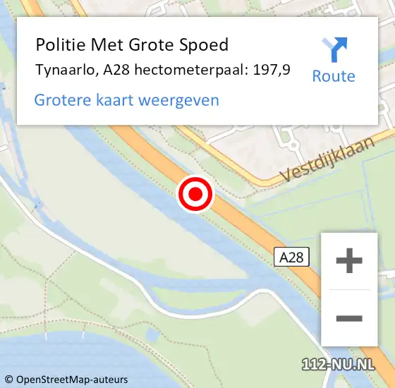 Locatie op kaart van de 112 melding: Politie Met Grote Spoed Naar Tynaarlo, A28 hectometerpaal: 197,9 op 13 augustus 2023 22:41