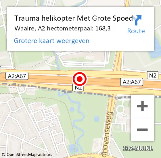 Locatie op kaart van de 112 melding: Trauma helikopter Met Grote Spoed Naar Waalre, A2 hectometerpaal: 168,3 op 13 augustus 2023 22:49