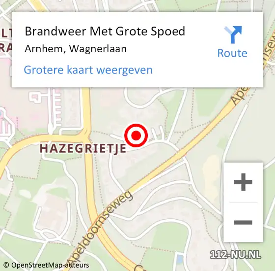 Locatie op kaart van de 112 melding: Brandweer Met Grote Spoed Naar Arnhem, Wagnerlaan op 13 augustus 2023 23:05