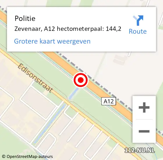 Locatie op kaart van de 112 melding: Politie Zevenaar, A12 hectometerpaal: 144,2 op 13 augustus 2023 23:05