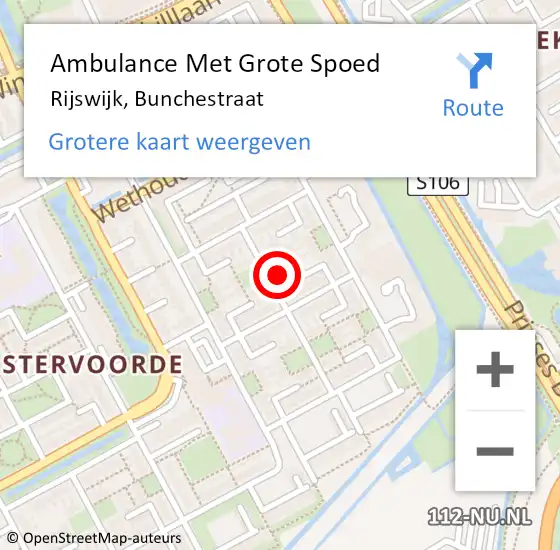 Locatie op kaart van de 112 melding: Ambulance Met Grote Spoed Naar Rijswijk, Bunchestraat op 14 augustus 2023 01:16