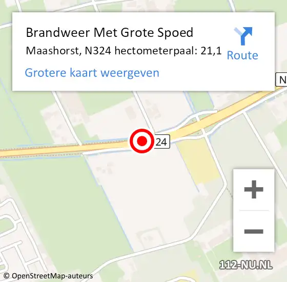 Locatie op kaart van de 112 melding: Brandweer Met Grote Spoed Naar Maashorst, N324 hectometerpaal: 21,1 op 14 augustus 2023 07:03