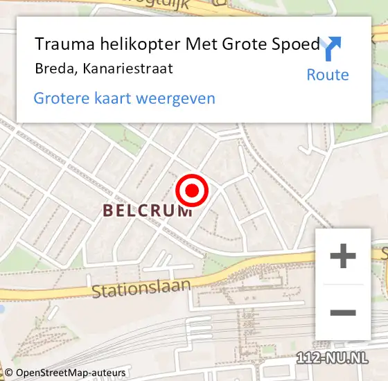 Locatie op kaart van de 112 melding: Trauma helikopter Met Grote Spoed Naar Breda, Kanariestraat op 14 augustus 2023 07:35