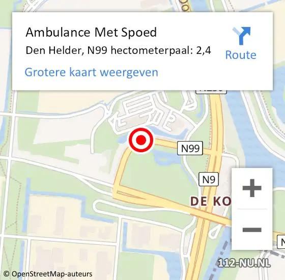Locatie op kaart van de 112 melding: Ambulance Met Spoed Naar Den Helder, N99 hectometerpaal: 2,4 op 14 augustus 2023 08:06