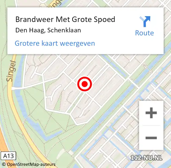 Locatie op kaart van de 112 melding: Brandweer Met Grote Spoed Naar Den Haag, Schenklaan op 14 augustus 2023 09:18