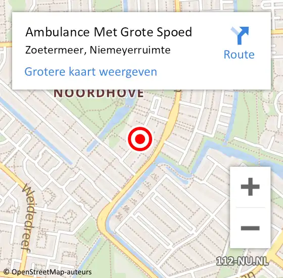 Locatie op kaart van de 112 melding: Ambulance Met Grote Spoed Naar Zoetermeer, Niemeyerruimte op 14 augustus 2023 10:58