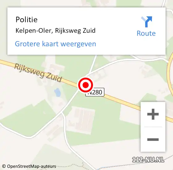 Locatie op kaart van de 112 melding: Politie Kelpen-Oler, Rijksweg Zuid op 14 augustus 2023 13:51