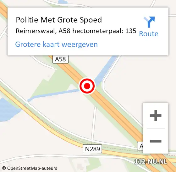 Locatie op kaart van de 112 melding: Politie Met Grote Spoed Naar Reimerswaal, A58 hectometerpaal: 135 op 14 augustus 2023 14:01