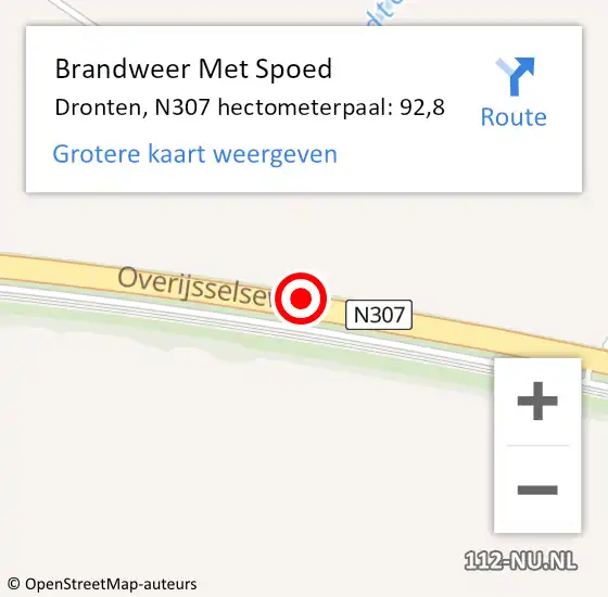 Locatie op kaart van de 112 melding: Brandweer Met Spoed Naar Dronten, N307 hectometerpaal: 92,8 op 14 augustus 2023 14:58