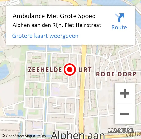 Locatie op kaart van de 112 melding: Ambulance Met Grote Spoed Naar Alphen aan den Rijn, Piet Heinstraat op 14 augustus 2023 15:09