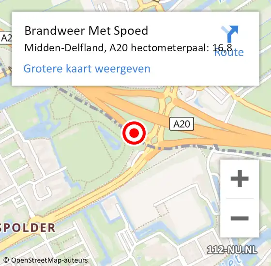 Locatie op kaart van de 112 melding: Brandweer Met Spoed Naar Midden-Delfland, A20 hectometerpaal: 16,8 op 14 augustus 2023 15:12