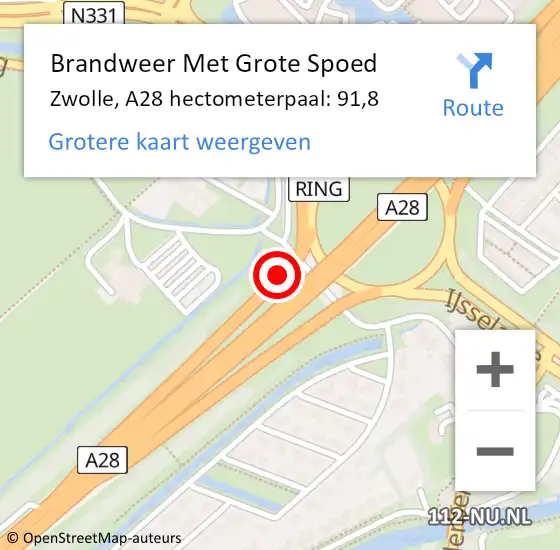 Locatie op kaart van de 112 melding: Brandweer Met Grote Spoed Naar Zwolle, A28 hectometerpaal: 91,8 op 14 augustus 2023 16:16