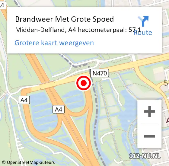 Locatie op kaart van de 112 melding: Brandweer Met Grote Spoed Naar Midden-Delfland, A4 hectometerpaal: 57,1 op 14 augustus 2023 16:32