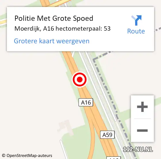 Locatie op kaart van de 112 melding: Politie Met Grote Spoed Naar Moerdijk, A16 hectometerpaal: 53 op 14 augustus 2023 16:40