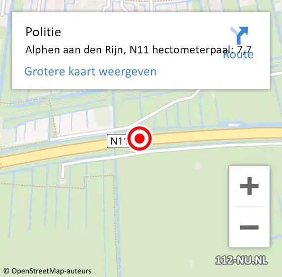 Locatie op kaart van de 112 melding: Politie Alphen aan den Rijn, N11 hectometerpaal: 7,7 op 14 augustus 2023 16:54