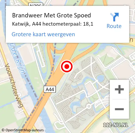 Locatie op kaart van de 112 melding: Brandweer Met Grote Spoed Naar Katwijk, A44 hectometerpaal: 18,1 op 14 augustus 2023 18:28