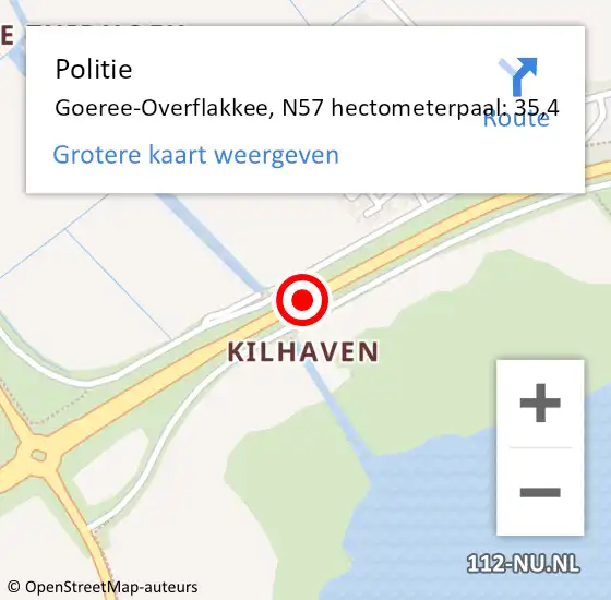 Locatie op kaart van de 112 melding: Politie Goeree-Overflakkee, N57 hectometerpaal: 35,4 op 14 augustus 2023 20:53