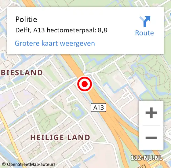 Locatie op kaart van de 112 melding: Politie Delft, A13 hectometerpaal: 8,8 op 14 augustus 2023 21:22