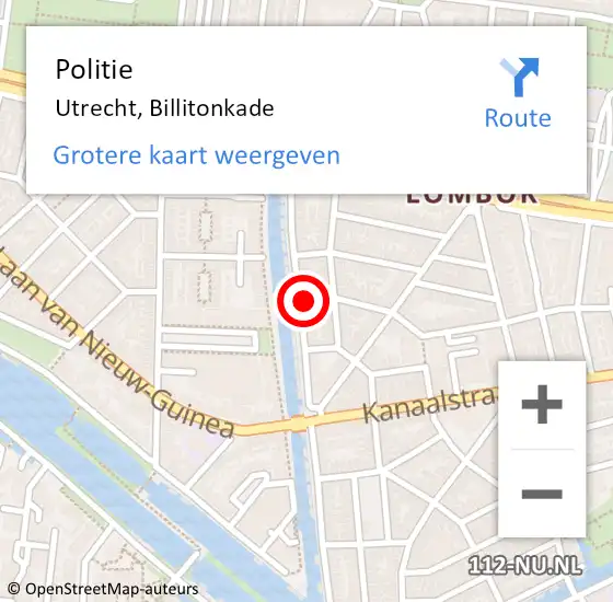 Locatie op kaart van de 112 melding: Politie Utrecht, Billitonkade op 14 augustus 2023 22:29